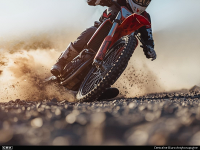 Ujęcie motocyklisty pokonującego ostry zakręt na piaszczystym terenie. Spod kół pryskają kamienie i kłęby pyłu. Na dole na czarnym paski napis CBA