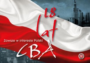 A figure with the captions: ‘18 years of the CBA. Always in the interest of Poland’. Polish flag and a Palace of Culture and Science in Warsaw in the background.