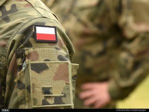 Soldier in uniform and Polish flag on shoulder. A second soldier in the background.