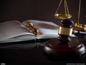 A photo of an open book, scale and a gavel.