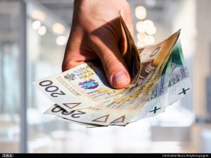 A man holds Polish banknotes.