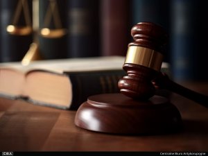 Judge’s gavel on the desk, with an open book and a scales in the background.