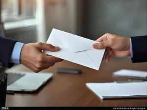 two men passing an envelope to each other