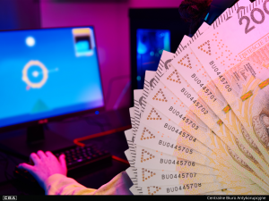 Polish banknotes in the foreground, with a person using a computer in the background.