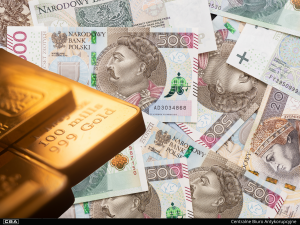 Close-up of gold bars, with Polish banknotes in the background.